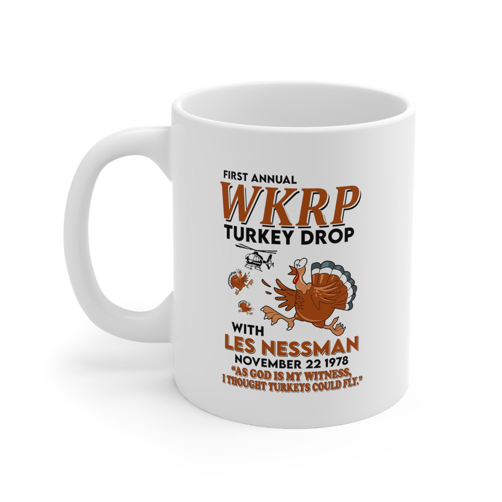 WKRP Turkey Drop with Les Nessman Funny Coffee Mug , Funny Gift For Her Him, Personalised Coffee Mug, Funny Mug, Friends Mug, Family Mug - 1.jpg