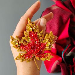 brooch maple leaf , embroidered beaded brooch, autumn jewelry for women, coat pin, fall brooch