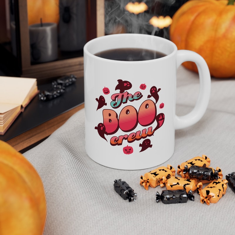 Ghost Halloween Mug, Boo Crew, Thanksgiving Present Idea, Autumn Coffee Mug, Fall Home Decor, Gift For Her, Ceramic, 11 oz, groovy print - 1.jpg