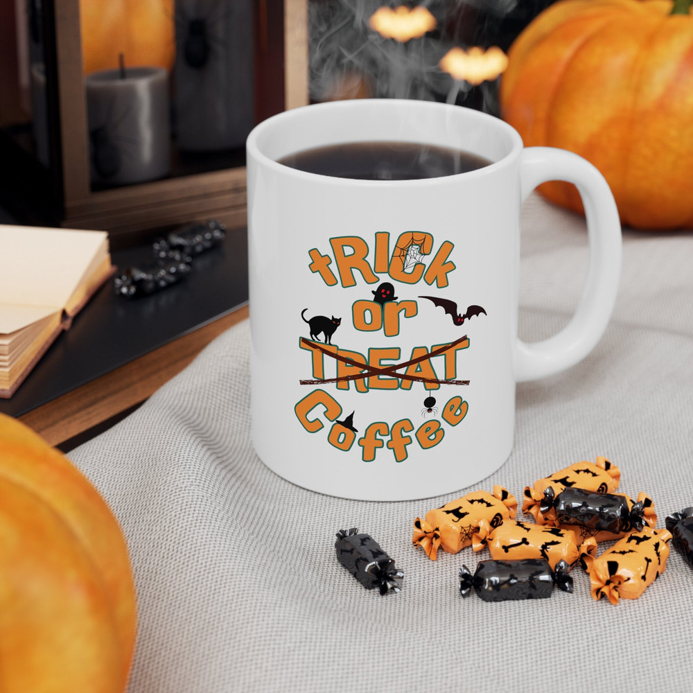 Trick or Treat Coffee Mug, Cute Fall Mug, Halloween Present Idea, Autumn Vibes, Printed Ceramic Mug, 11 oz, hillarious design, Kids Gift - 2.jpg