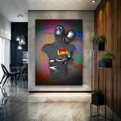 3d effect canvas, love is graffiti painting, banksy love, couples chain wall art, bedroom love wall art, graffiti love a
