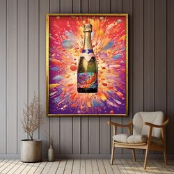 champagne bottle canvas painting, pop art wine bottle poster, colorful pop art drink painting