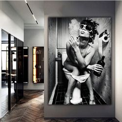 girl smoking toilet, fashion toilet wall art, fashion girl print, stylish wall art, girl drinking toilet, fashion wall a