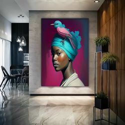 painting of a woman with a turban and a bird in her hand, afro woman canvas painting, ethnic woman art, afrikan woman ar