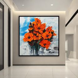 pink flowers canvas art, floral wall art, living room gift, flower poster, floral framed canvas