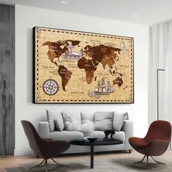 vintage world map canvas print, rustic wall decor, travel theme art, gift for wanderlust
