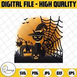 murderous black cat png, halloween cat png, pumpkin and spider web, horror character team, black cat and moon, png/