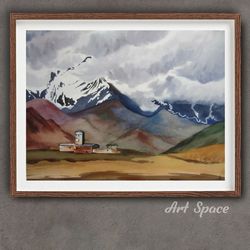 original watercolor painting "mountains in fog",  landscape  decoration for office, housewarming gift, hallway decor
