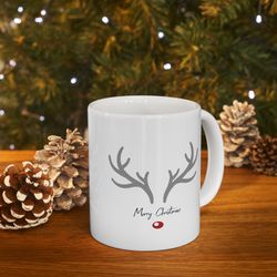 holiday mug with reindeer antler, festive christmas mug, cute reindeer face mug