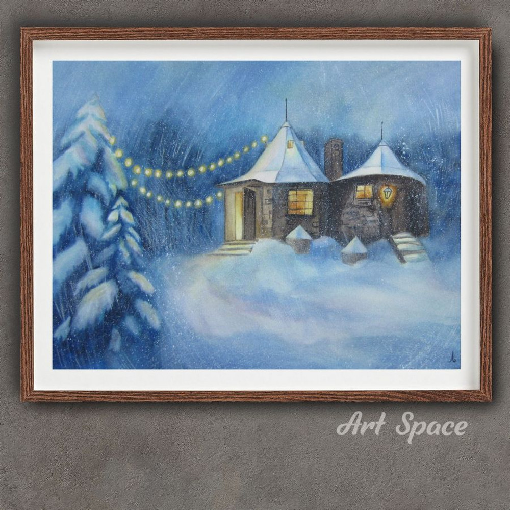 Harry Potter - Hagrid - houses - snow - winter - blizzard - blue painting - watercolor painting - 2.jpg