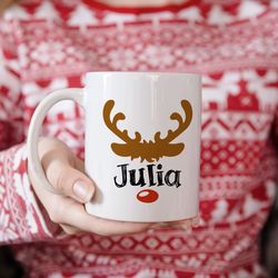 personalized christmas reindeer mug, reindeer gifts, cute reindeer face cup