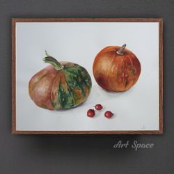 original watercolor painting "autumn harvest", decoration for office, housewarming gift, hallway decor, blue painting,