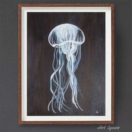 Original watercolor painting "Beautiful Jellyfish", decoration for office, housewarming gift, playroom, blue painting,