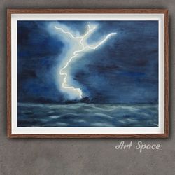 original watercolor painting "lightning", decoration for office, housewarming gift, hallway decor, blue painting,
