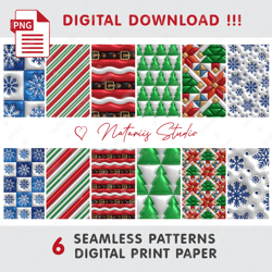 6 Christmas Seamless Tileable Patterns - Trandy 3D Inflated Puff Bubble Style - Digital Paper - Big Bundle