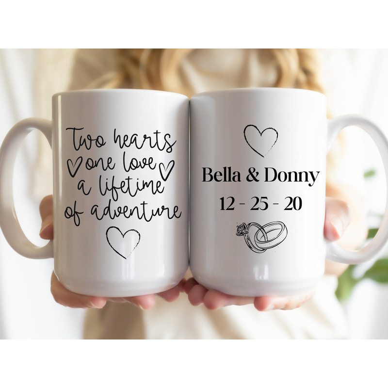 11 and 15 oz Personalized Mugs, Two hearts one love a lifetime of adventure, HisHers Gifts, Wedding Gift, Relationship Gift, Newlywed Mugs - 1.jpg