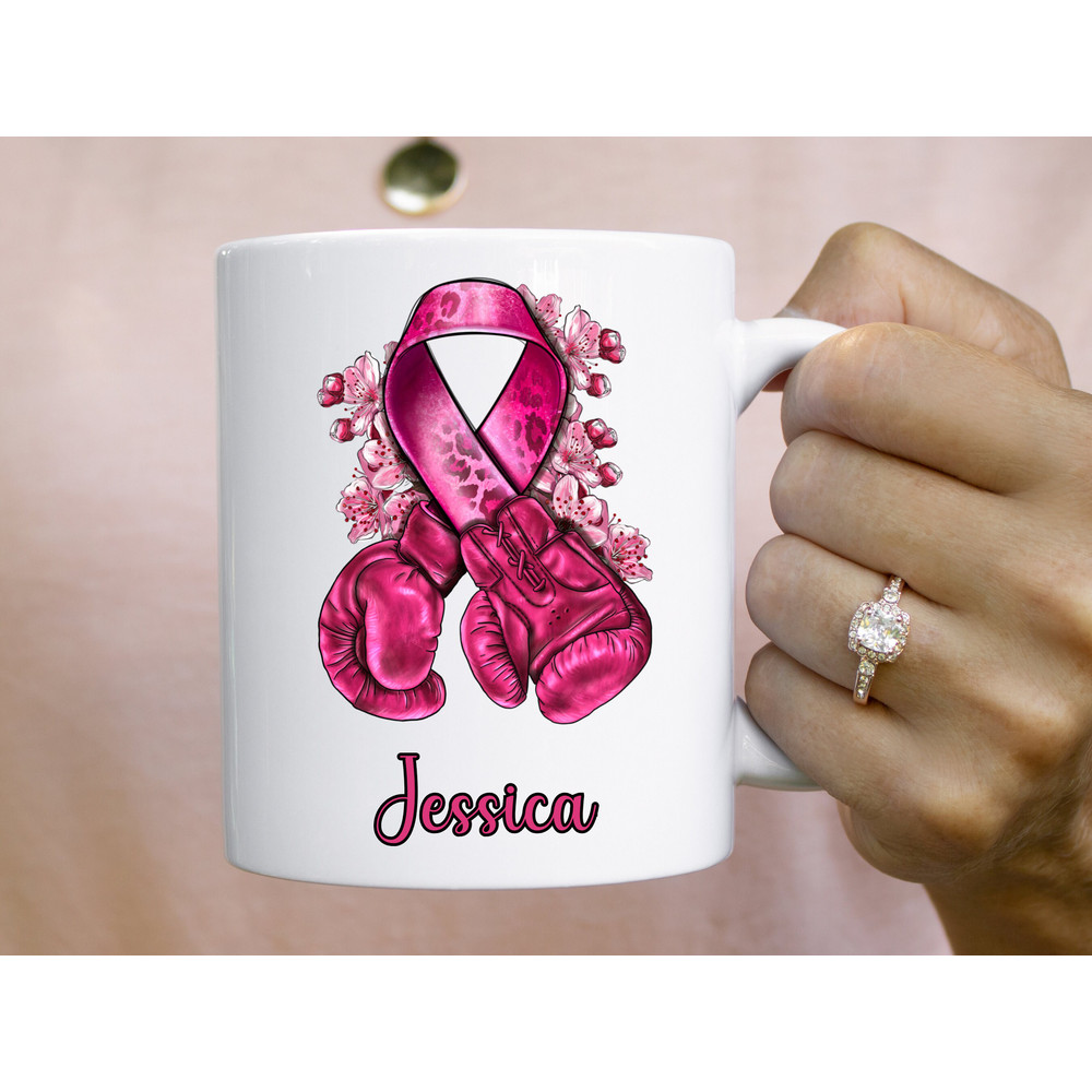11 oz Personalized Name - Breast Cancer Awareness Boxing gloves and ribbon Mug, Double sided print, Motivational Mugs for Women - 1.jpg