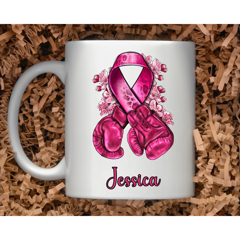 11 oz Personalized Name - Breast Cancer Awareness Boxing gloves and ribbon Mug, Double sided print, Motivational Mugs for Women - 2.jpg