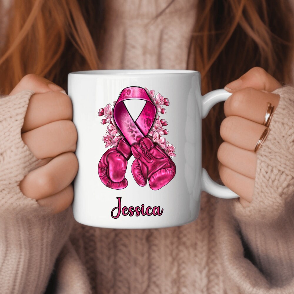 11 oz Personalized Name - Breast Cancer Awareness Boxing gloves and ribbon Mug, Double sided print, Motivational Mugs for Women - 3.jpg