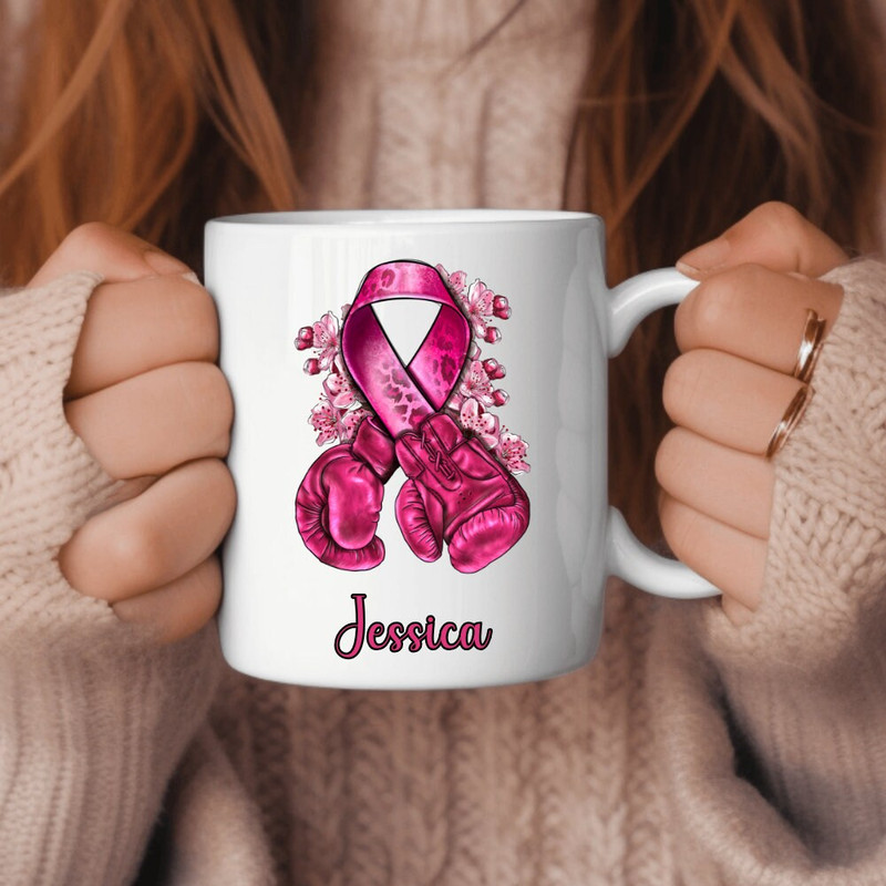 11 oz Personalized Name - Breast Cancer Awareness Boxing gloves and ribbon Mug, Double sided print, Motivational Mugs for Women - 3.jpg