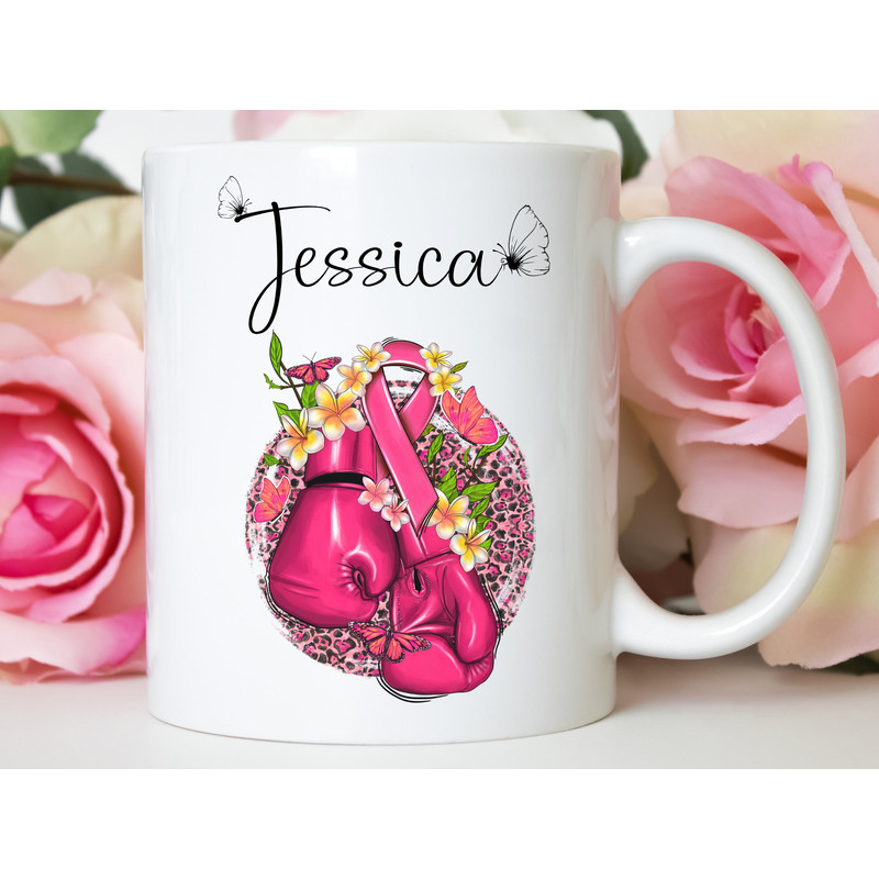 11 oz Personalized Name - Pink floral boxing gloves Breast Cancer Awareness Mug, Double sided print, Motivational Mugs for Women - 1.jpg