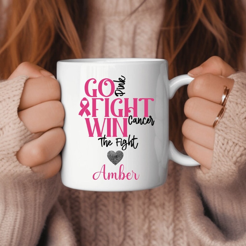 11 oz Personalized Name - Go Pink Fight Cancer Win The Fight Mug, Breast Cancer Awareness Mug, Double sided print, Motivational Mugs - 3.jpg