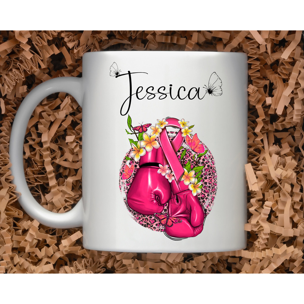 11 oz Personalized Name - Pink floral boxing gloves Breast Cancer Awareness Mug, Double sided print, Motivational Mugs for Women - 2.jpg