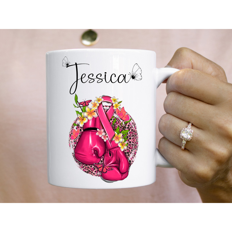 11 oz Personalized Name - Pink floral boxing gloves Breast Cancer Awareness Mug, Double sided print, Motivational Mugs for Women - 3.jpg