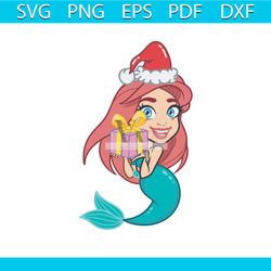 baby mermaid ariel hold christmas gift svg, christmas svg, santa hat svg, mermaid svg, ariel christmas svg, christmas li