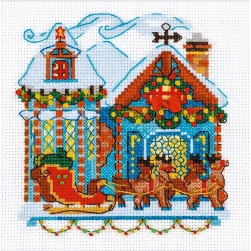 Cross Stitch Kit - A House with a Sleigh - Christmas - Embroidery Kit - Needlework Kit - DIY Kit.jpg