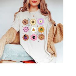 comfort colors retro pumpkins & flowers shirt, grunge happy face pumpkin, vintage fall shirt, groovy halloween, retro sm