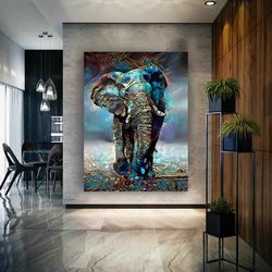 blue tones elephant canvas wall art, gold detailed elephant wall hangings, animal canvas wall print, gift for animal lov