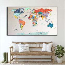 colorful world map, world map poster, antique style world map, noua totius terrarum, old world map, large wall decor, wa