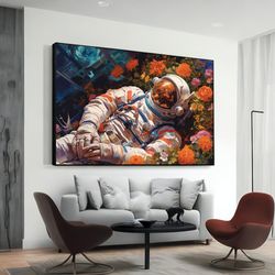 floral astronaut canvas print, space themed wall art, astronomical decor, unique gift idea