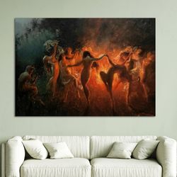 nude nymphs dancing to pans flute around the fire by joseph tomanek, witches magic canvas, canvas wall art