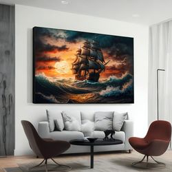 pirate ship wall art, vintage nautical canvas print, coastal decor, beach house decoration, ocean theme gift for pirate