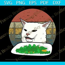 cat eats vegetable svg, animal svg, white cat svg, food svg, vegetable svg, retro vintage svg, cats food svg, cats break