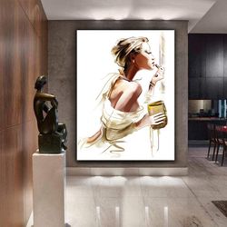 woman doing makeup canvas painting, lipstick, woman, watercolor look wall decor