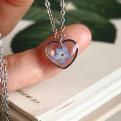 Pressed forget me not flower necklace, Real flower small heart necklace, Silver stainless steel necklace