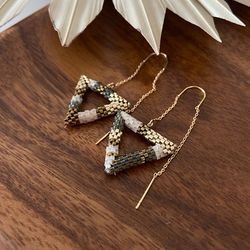Triangular beaded earrings with gold plated chain ear wire, high quality unique handwoven jewelry gift