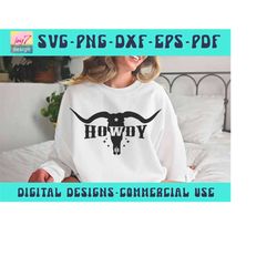 howdy svg png cut file, howdy bull skull svg, howdy cow skull distressed png sublimation dtg, cowboy cowboy country png,