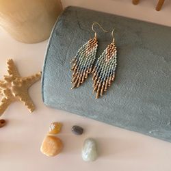 Sage gold  fringe ombre beaded earrings, high quality handcrafted jewelry, boho, bohemian, gypsy, hippie ethic style