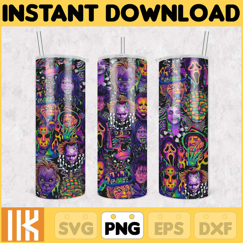 Horror Movies Characters Tumbler PNG, 20oz Skinny Tumbler PNG, Sublimation Design Download, Coffee Tumbler, Killers Neon tumbler, halloween.jpg