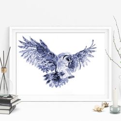 owl art print, printable download, blue watercolor print, wild animal, wall decor, prints wall art, forest nature eco