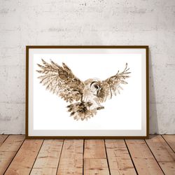 brown owl art print, printable download, sepia watercolor print, wild animal, wall decor, wall art, forest nature eco