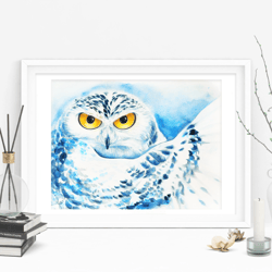 white owl art print, printable download, blue watercolor print, wild animal, wall decor, wall art, wild nature eco