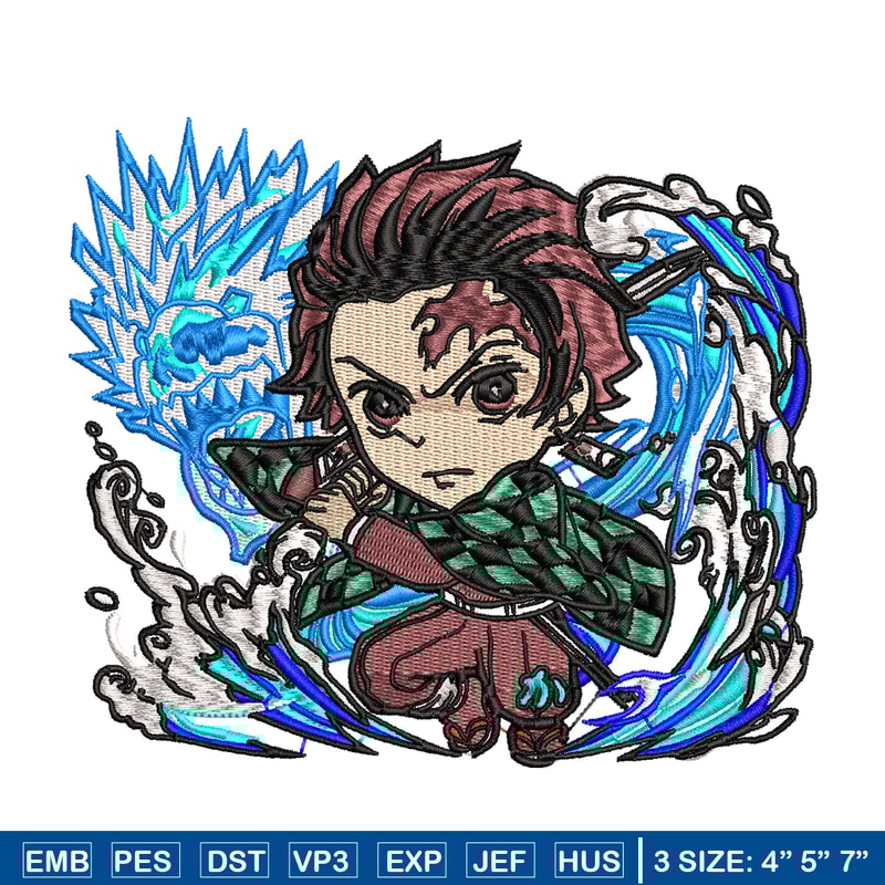 Tanjiro water breathing dragon chibi embroidery design, Kimetsu no Yaiba embroidery, anime design, Digital download.jpg