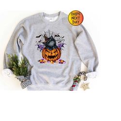 Halloween Black Cat Pumpkin Sweatshirt, Baby Cat With Pumpkin Halloween Sweatshirt, Pumpkin Spooky Sweater, Halloween Gi