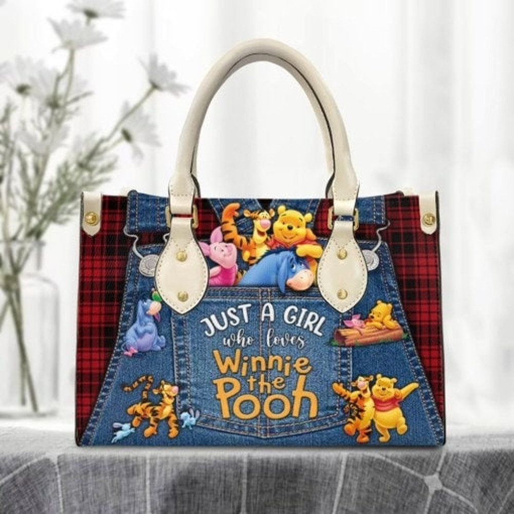 Just A Girl Loves Winnie the Pooh Red Gingham Jean Leather Handbag,Eeyore Lovers HandBag,Pooh Women Bags, Women Leather Bag, Cartoon Handbag - 1.jpg