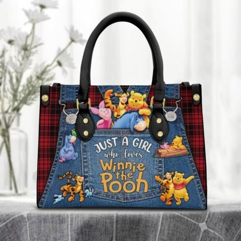Just A Girl Loves Winnie the Pooh Red Gingham Jean Leather Handbag,Eeyore Lovers HandBag,Pooh Women Bags, Women Leather Bag, Cartoon Handbag - 2.jpg